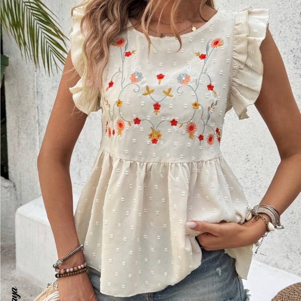 SHEIN Holidaya floral embroidered peplum top